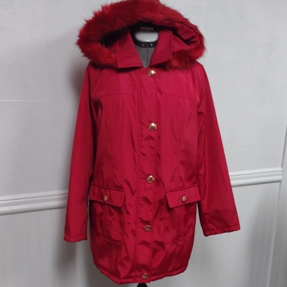 Dennis Basso Red Hooded Puffer Coat with Fur Trim - Picture 1 of 16